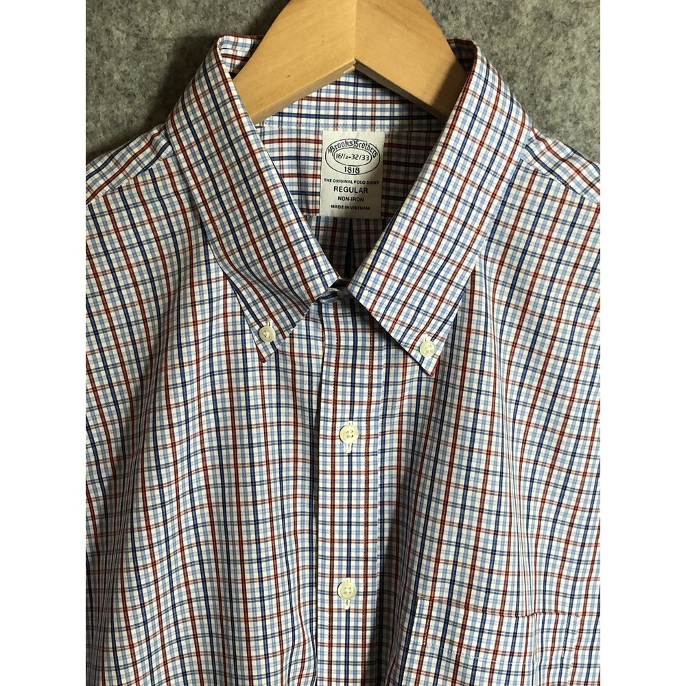 Brooks Brothers Shirt Mens 16.5 32/33 Blue Check Non-Iron Business Classic